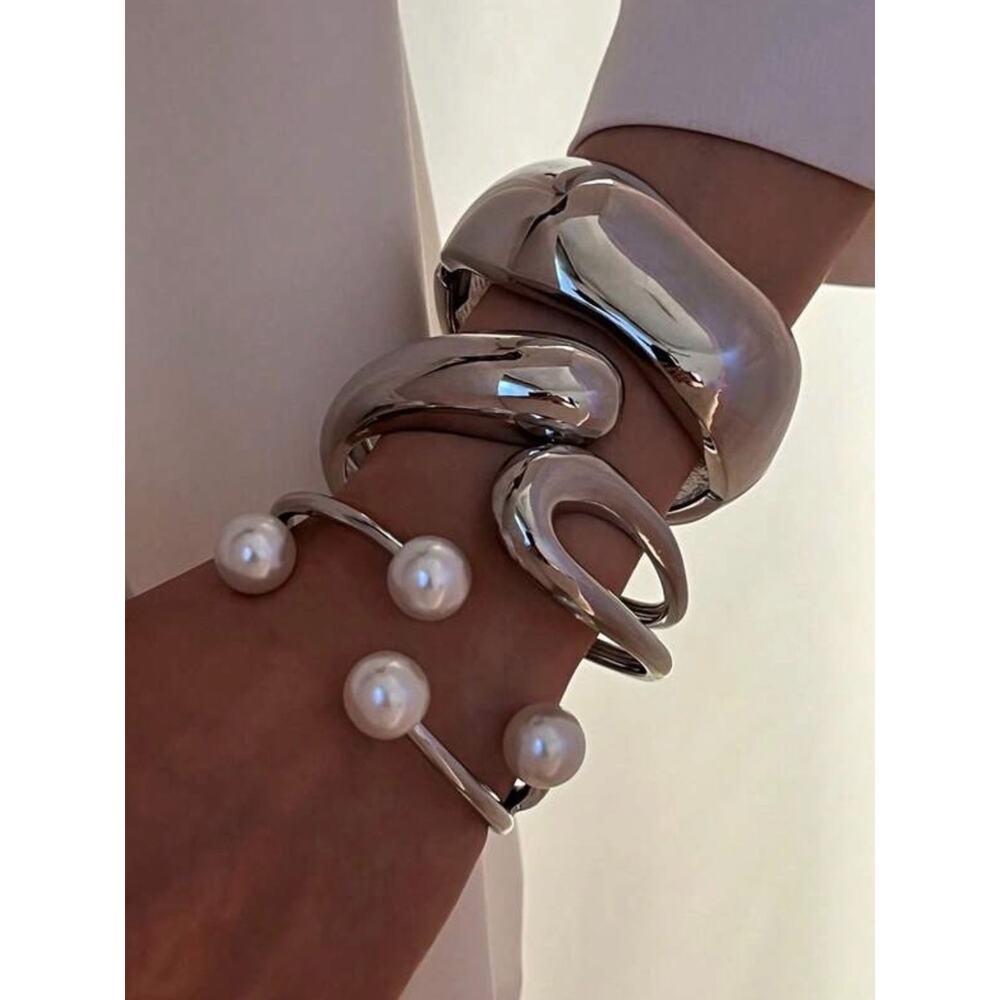 Stainless Steel Geometric Pearl Bangle Bracelet Set Quiet Luxury Stack - Picture 4 of 10